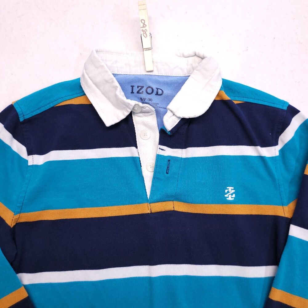 IZOD Casual Long Sleeve Polo Shirt Youth Boys Size S Blue White Yellow